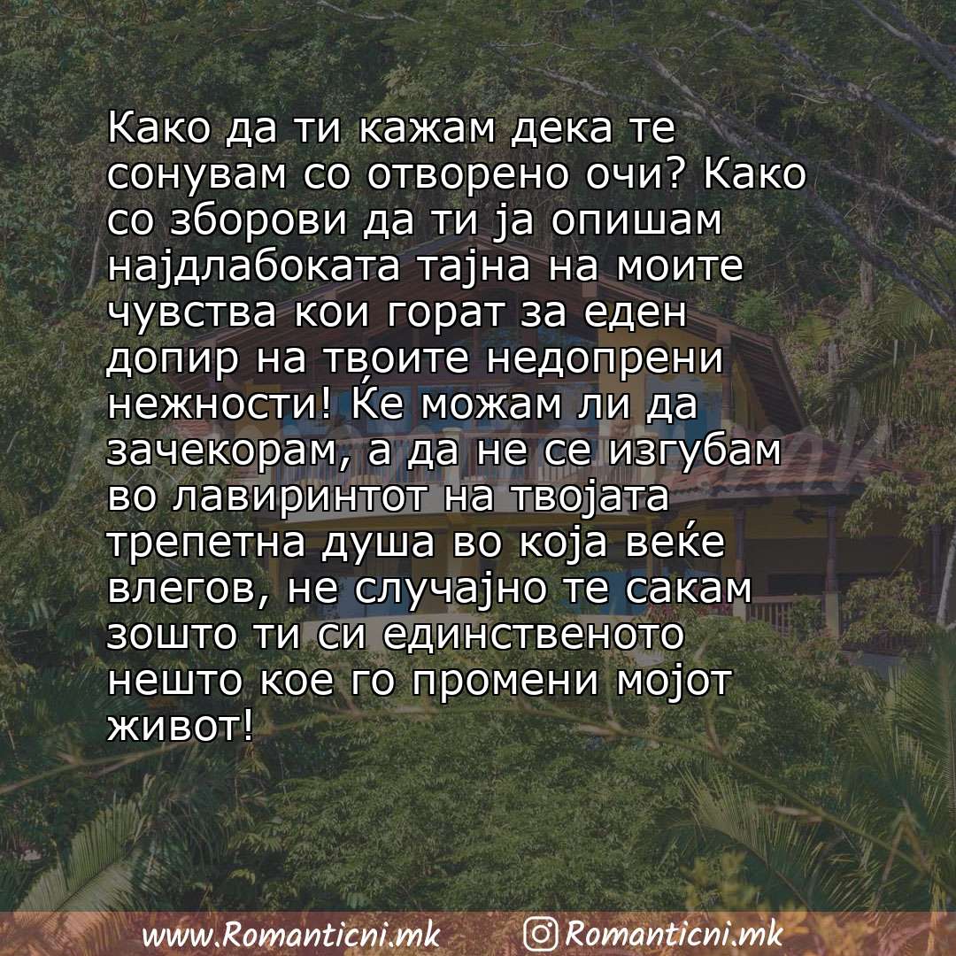 Ljubovna poraka: Како да ти кажам дека те сонувам со отворено очи? Како со зборови да ти ја опишам најдлабоката тајна на моите чувства кои горат за еден допир на твоите недопрени нежности! Ќе мож