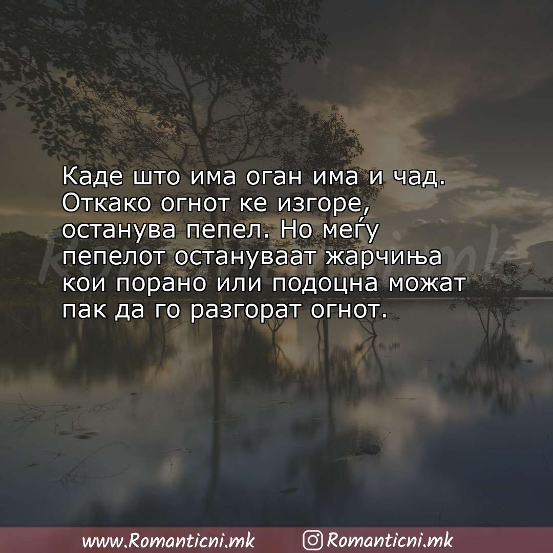 Љубовна порака: Каде што има оган има и чад. Откако огнот ке изгоре, останува пепел. Но меѓу пеп