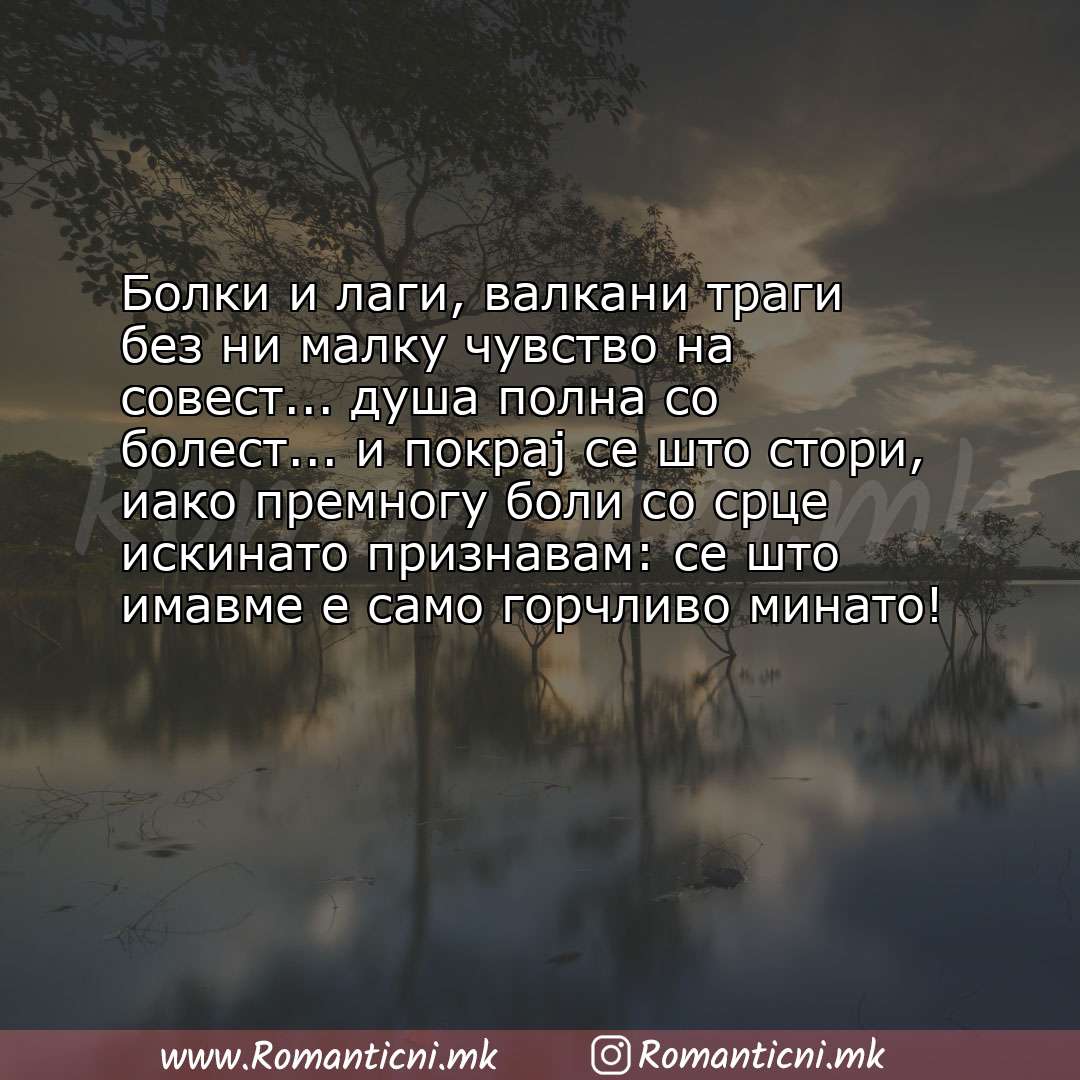 Љубовна порака: Болки и лаги, валкани траги без ни малку чувство на совест... душа полна со болест... и покрај се 