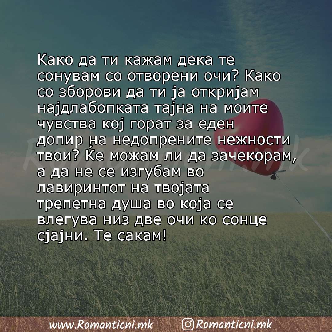 Sms poraka: Како да ти кажам дека те сонувам со отворени очи? Како со зборови да ти ја откријам најдлабопката тајна на моите чувства кој горат за еден допир на недопрени