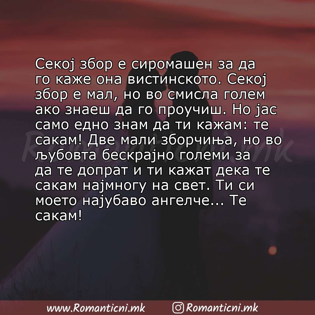 Ljubovni poraki: Секој збор е сиромашен за да го каже она вистинското. Секој збор е мал, но во смисла голем ако знаеш да го проучиш. Но јас само едно знам да ти кажам: те са