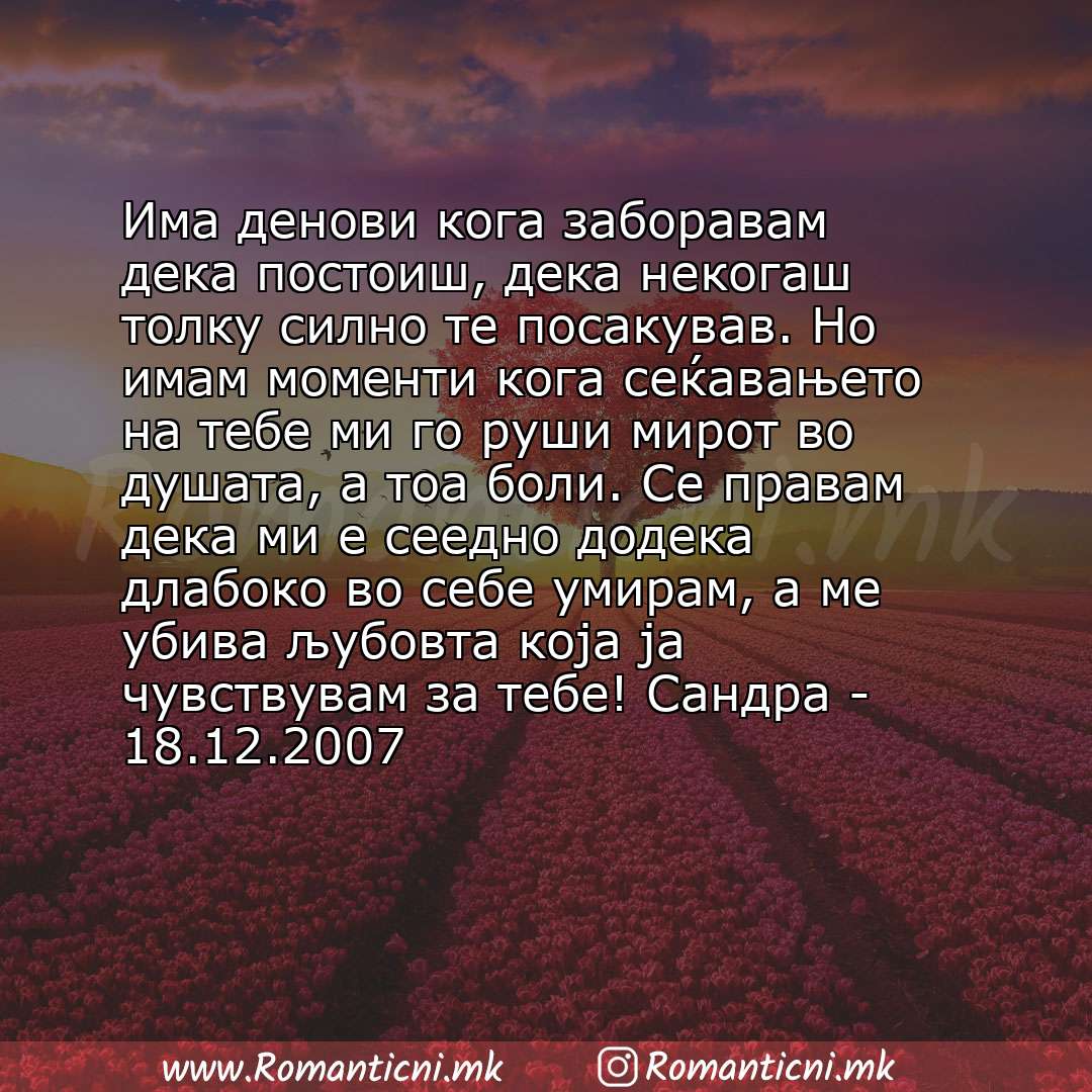 Ljubovna sms poraka: Има денови кога заборавам дека постоиш, дека некогаш толку силно те посакував. Но имам моменти кога сеќавањето на тебе ми го руши мирот в