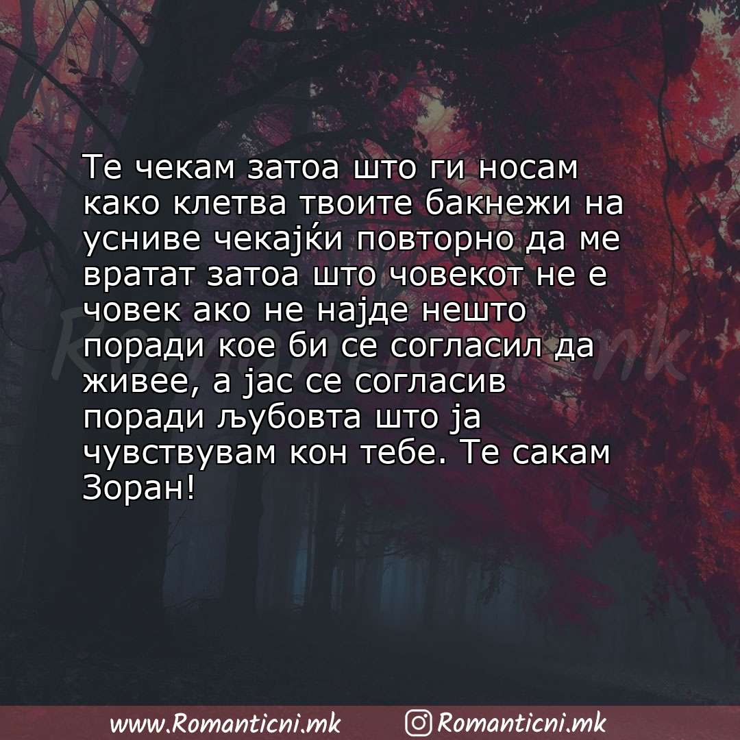 poraki za prijatel: Те чекам затоа што ги носам како клетва твоите бакнежи на усниве чекајќи повторно да ме вратат затоа што човекот не е човек ак