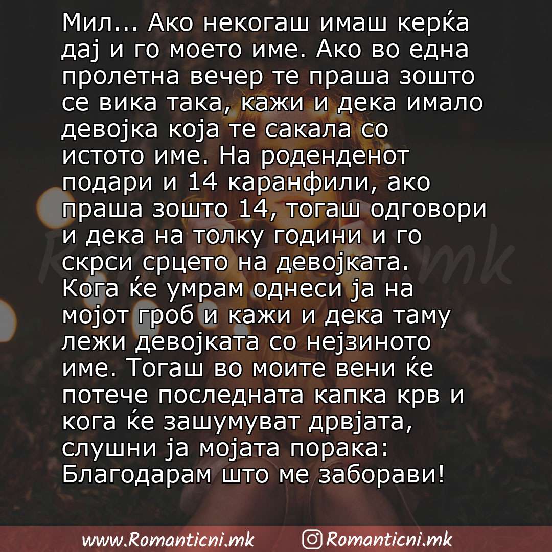 Rodendenski poraki: Мил... Ако некогаш имаш керќа дај и го моето име. Ако во една пролетна вечер те праша зошто се вика така, кажи и дека имало девојка која те сакала со истото име. На роденденот подари и 14 каранфили, ако праша зошто 14, тогаш одговори и дека на толку години и 