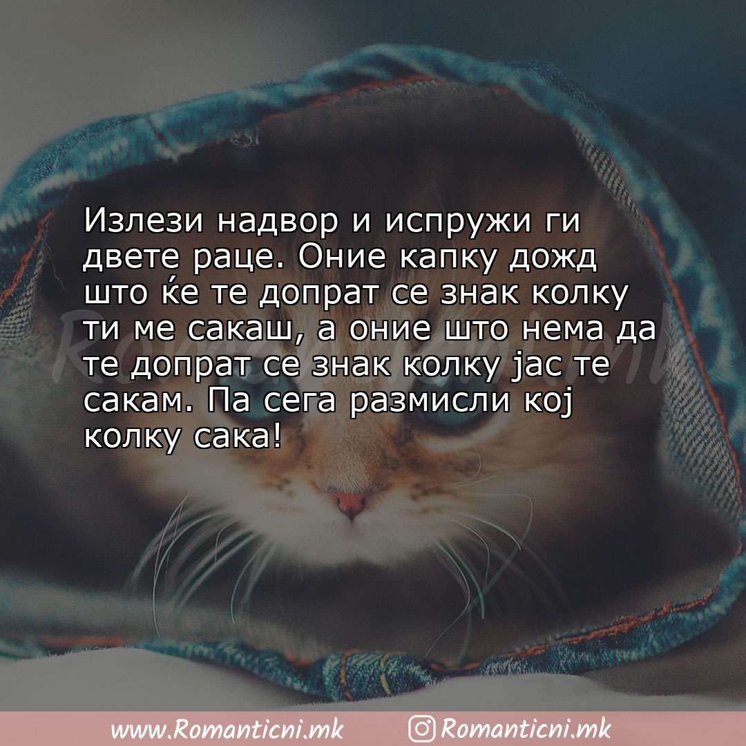 Sms poraka: Излези надвор и испружи ги двете раце. Оние капку дожд што ќе те допрат се знак колку ти ме с
