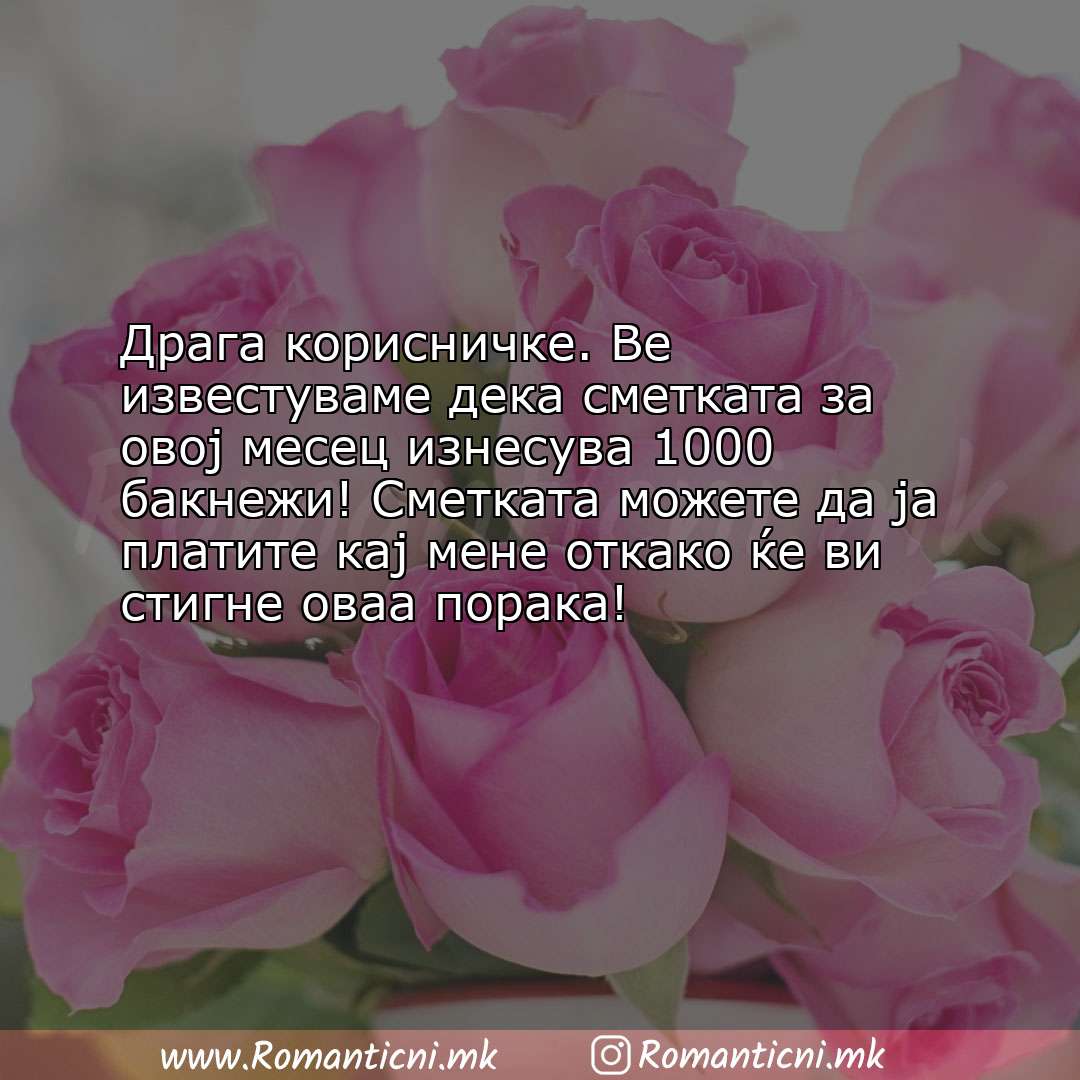 Ljubovna poraka: Драга корисничке. Ве известуваме дека сметката за овој месец изнесува 1000 бак