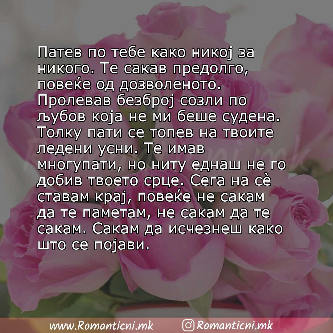 Sms poraka: Патев по тебе како никој за никого. Те сакав предолго, повеќе од дозволеното. Пролевав безброј созли по љубов која не ми беше судена. Толку пати се топев на твоите ледени у