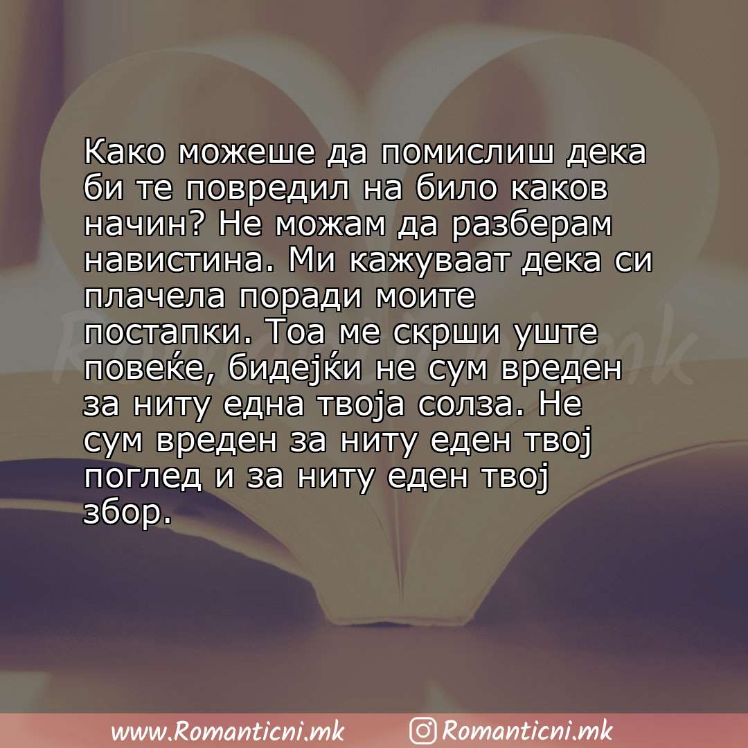 Ljubovna sms poraka: Како можеше да помислиш дека би те повредил на било каков начин? Не можам да разберам навистина. Ми кажуваат дека си плачела поради моите пос