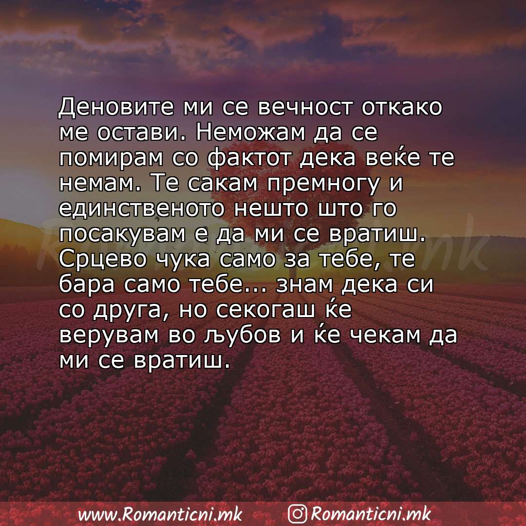 poraki za prijatel: Деновите ми се вечност откако ме остави. Неможам да се помирам со фактот дека веќе те немам. Те сакам премногу и единственото нешто што го посаку