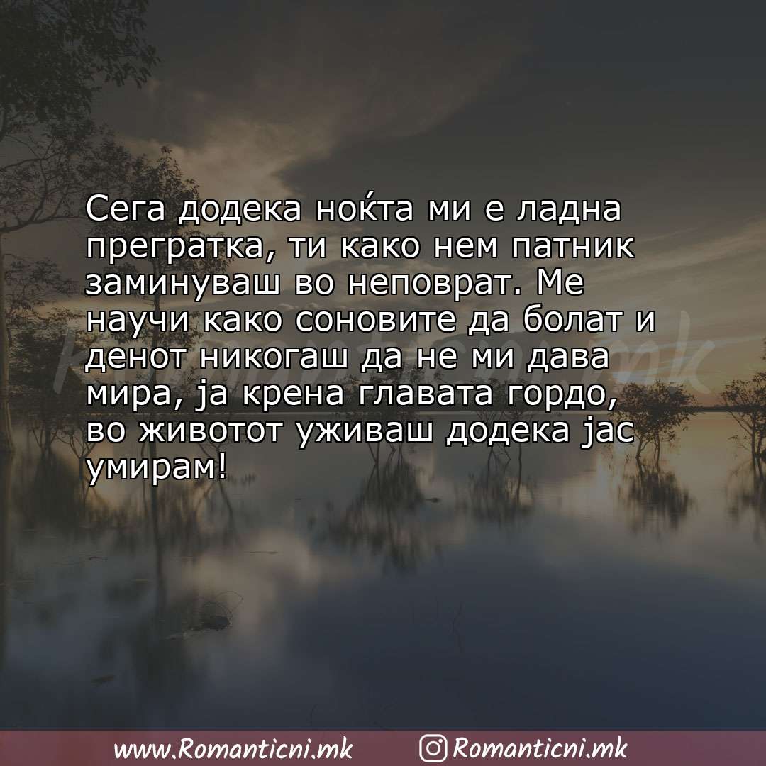 Ljubovna sms poraka: Сега додека ноќта ми е ладна прегратка, ти како нем патник заминуваш во неповрат. Ме научи како соновите