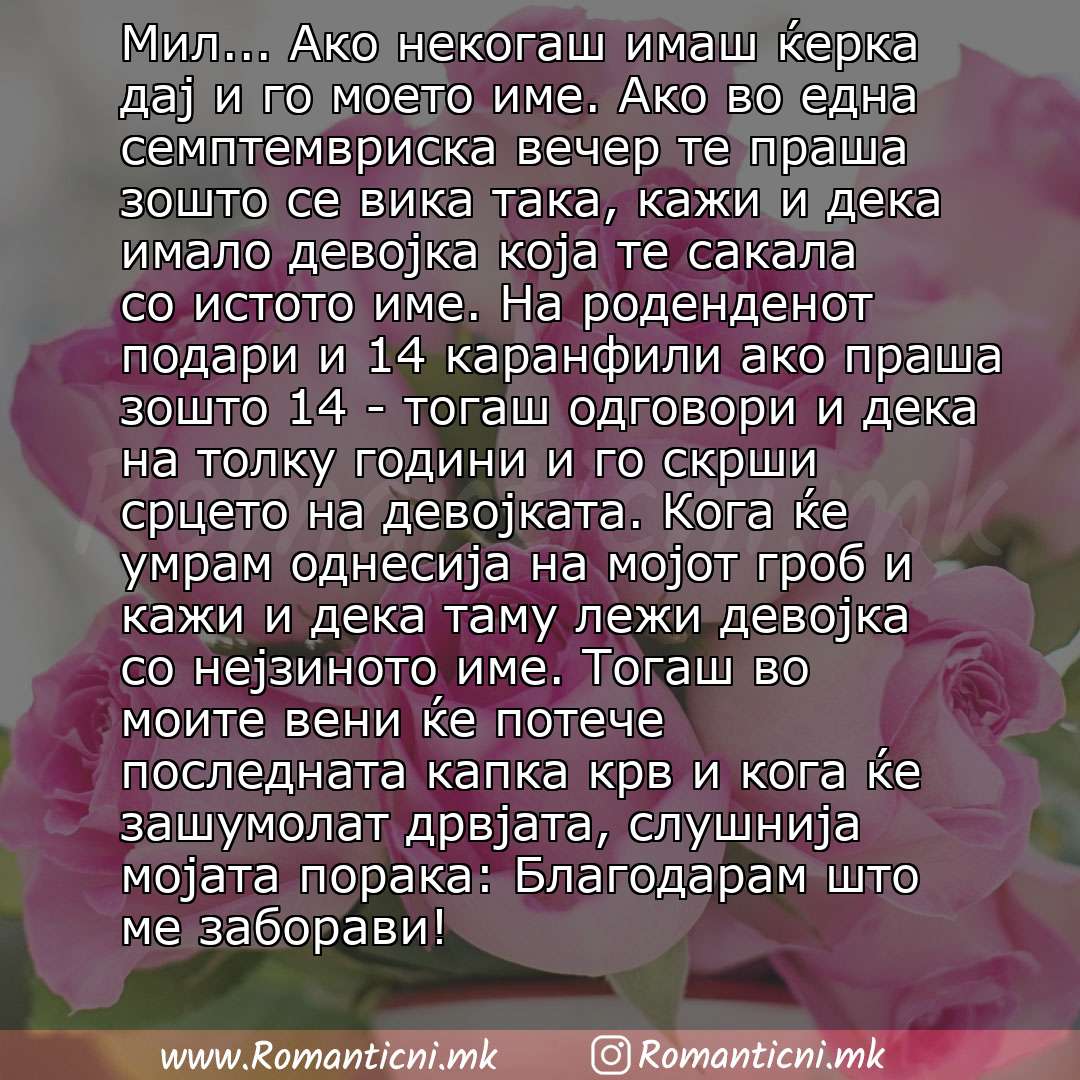 poraki za prijatel: Мил... Ако некогаш имаш ќерка дај и го моето име. Ако во една семптемвриска вечер те праша зошто се вика така, кажи и дека имало девојка која те сакала со истото име. На роденденот подари и 14 каранфили ако праша зошто 14 - тогаш одговори и дека на толку годи