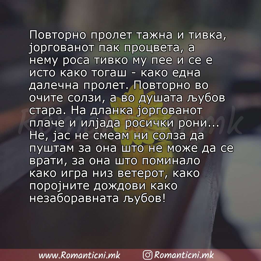 Poraki za dobra nok: Повторно пролет тажна и тивка, јоргованот пак процвета, а нему роса тивко му пее и сe е исто како тогаш - како една далечна пролет. Повторно во очите солзи, а во душата љубов стара. На дланка јорго