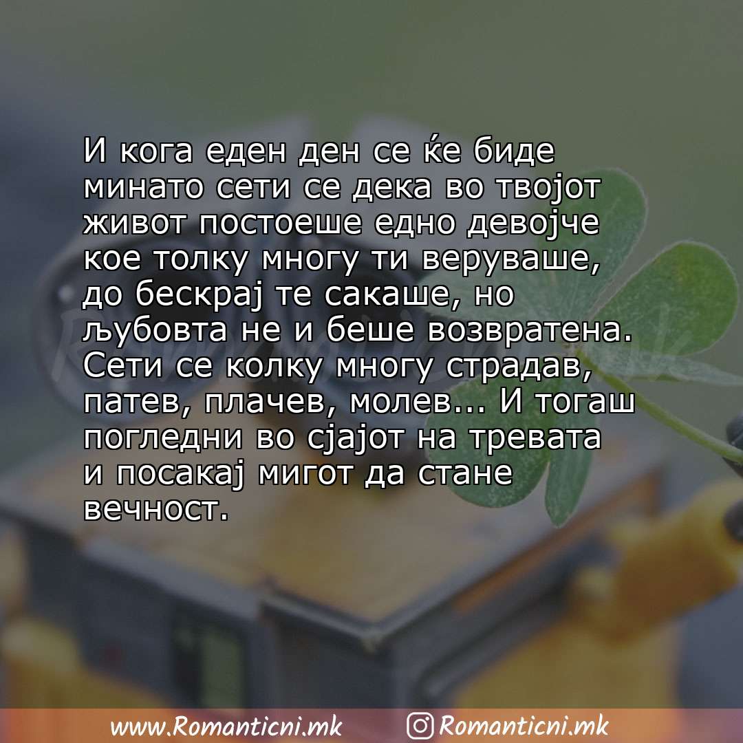 Љубовна порака: И кога еден ден сe ќе биде минато сети се дека во твојот живот постоеше едно девојче кое толку многу ти веруваше, до бескрај те сакаше, но љубовта