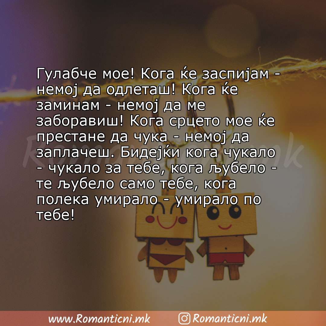 Ljubovna poraka: Гулабче мое! Кога ќе заспијам - немој да одлеташ! Кога ќе заминам - немој да ме заборавиш! Кога срцето мое ќе престане да чука - н