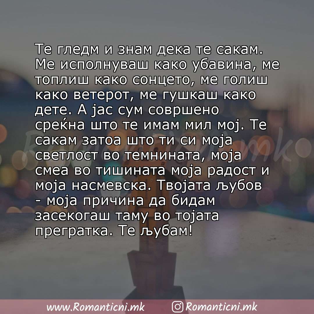 Ljubovni statusi: Те гледм и знам дека те сакам. Ме исполнуваш како убавина, ме топлиш како сонцето, ме голиш како ветерот, ме гушкаш како дете. А јас сум совршено среќна што те имам мил мој. Те сакам