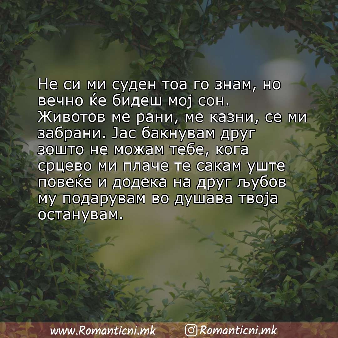 Rodendenski poraki: Не си ми суден тоа го знам, но вечно ќе бидеш мој сон. Животов ме рани, ме казни, сe ми забрани. Јас бакнувам друг зошто н